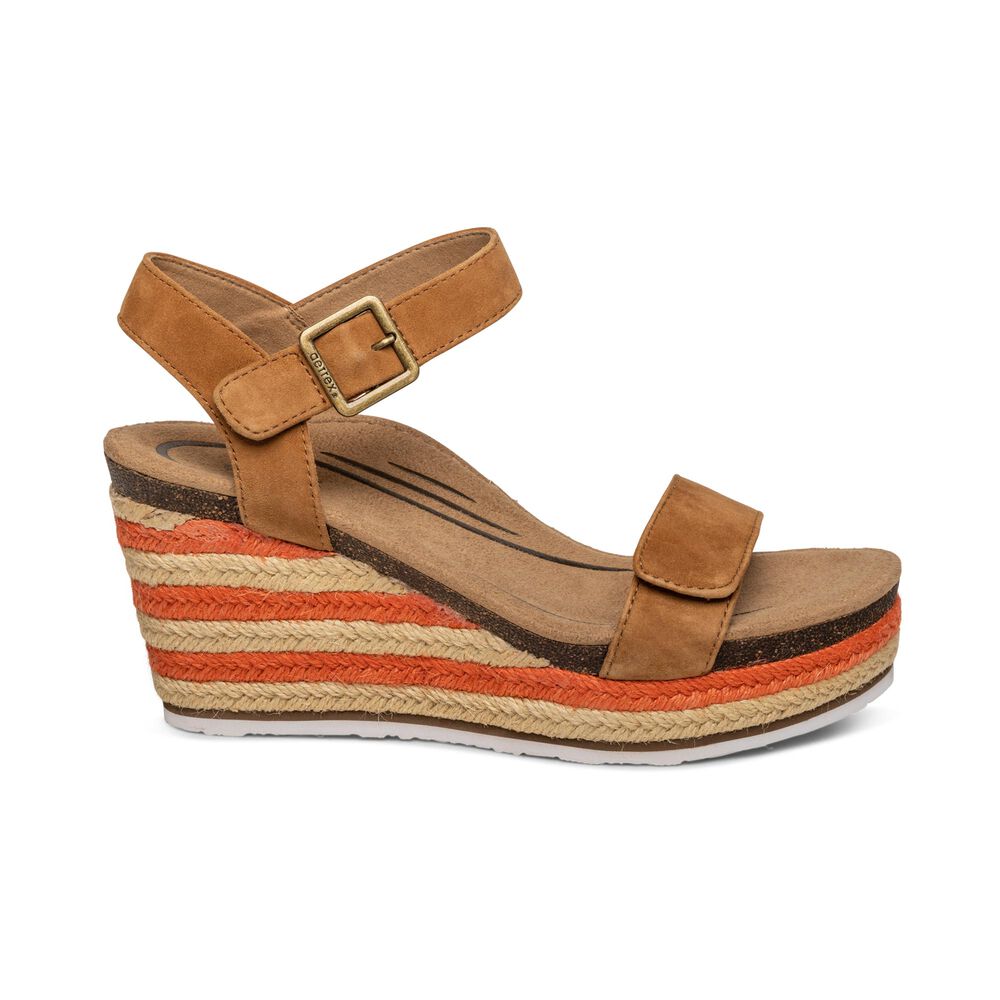 Aetrex Women's Sydney Quarter Strap Espadrille Wedge Sandals - Cognac | USA EU2RMG6